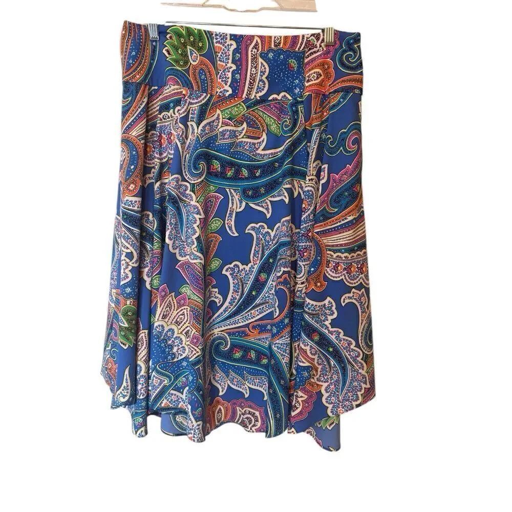 Lauren Ralph Lauren Womens  Midi Skirt Colorful Blue Paisley Side Zip Lined Sz 8